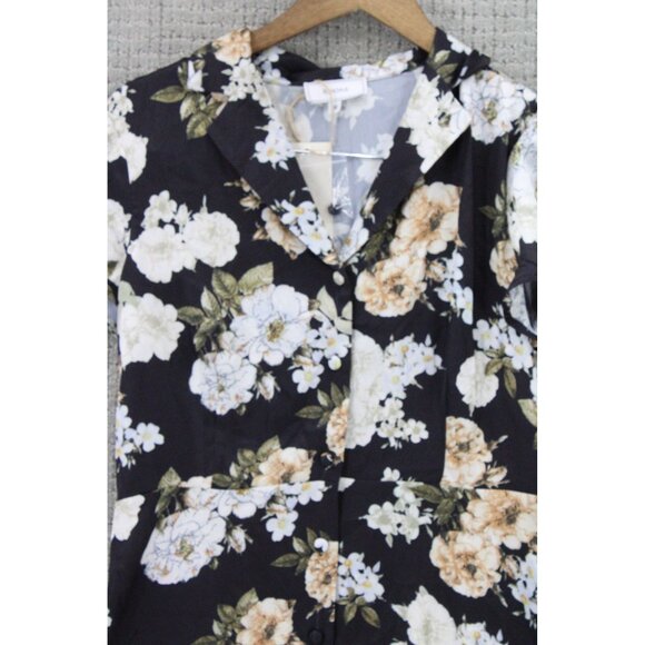 Rihoas Mini Dress Womens Black Floral Button Up Short Sleeve Size Medium NWT - Picture 2 of 7